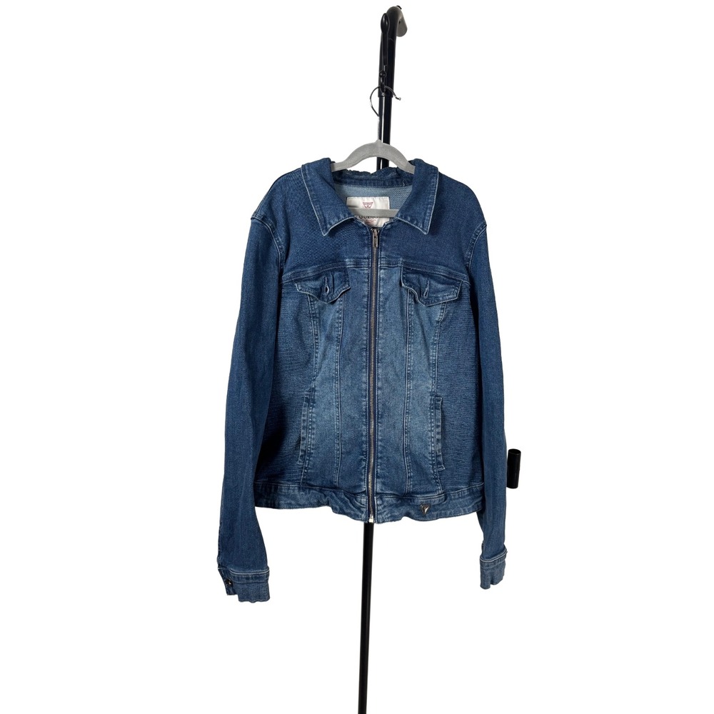 Guess Y2K Denim Moto Jacket Full Zip Up Contrast Panels Vintage Style Wmn XL